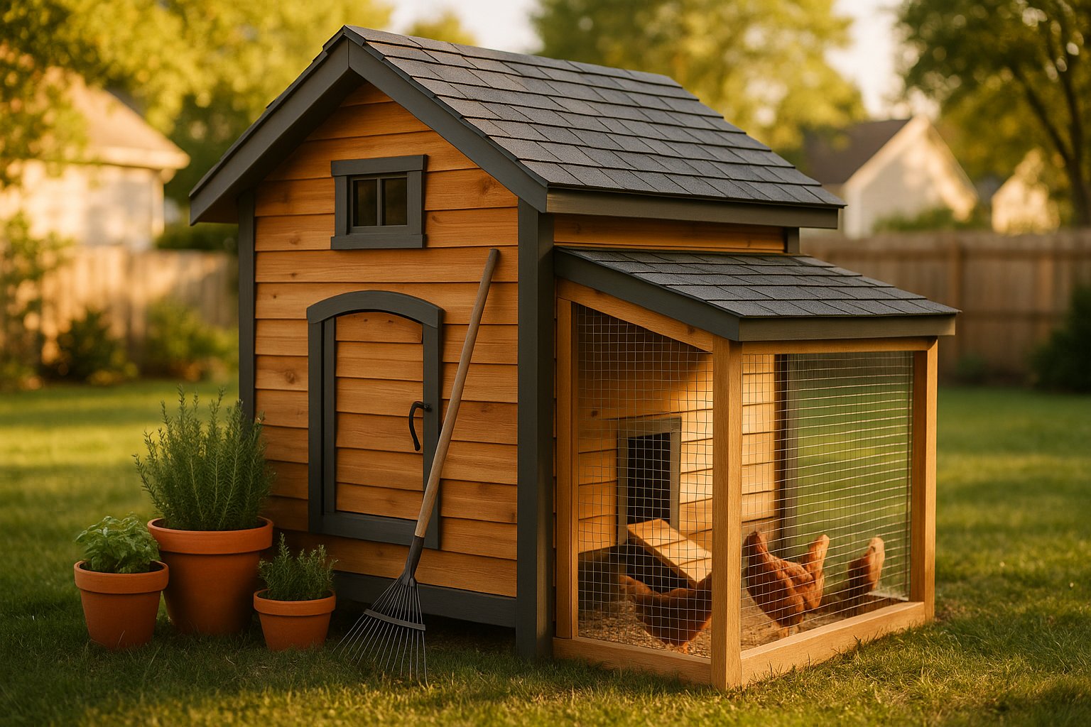 Finished cedar chicken coop with attached run in a suburban backyard
