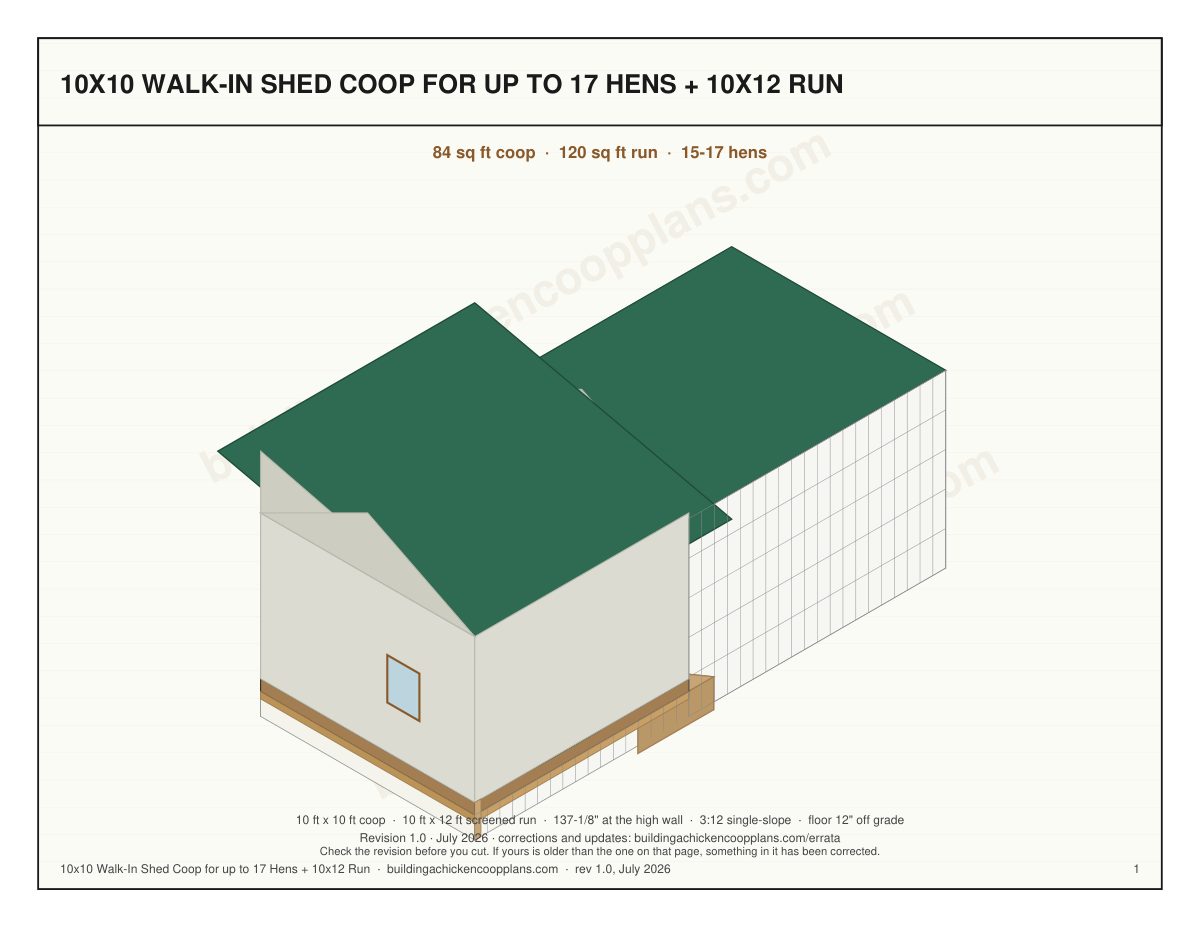 10x10 Walk-In Shed Coop for up to 17 Hens + 10x12 Run plans