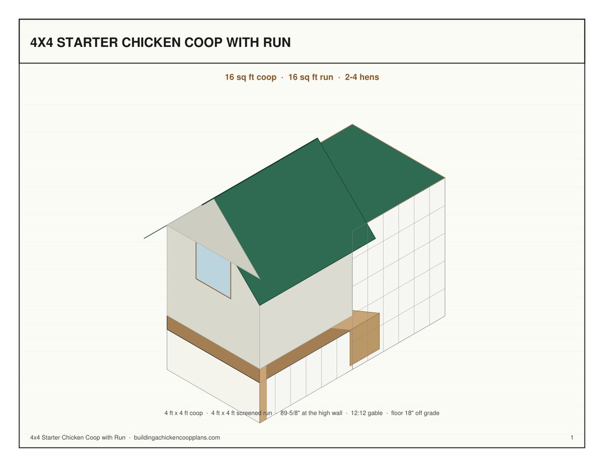 4x4 Starter Chicken Coop with Run plans — isometric view