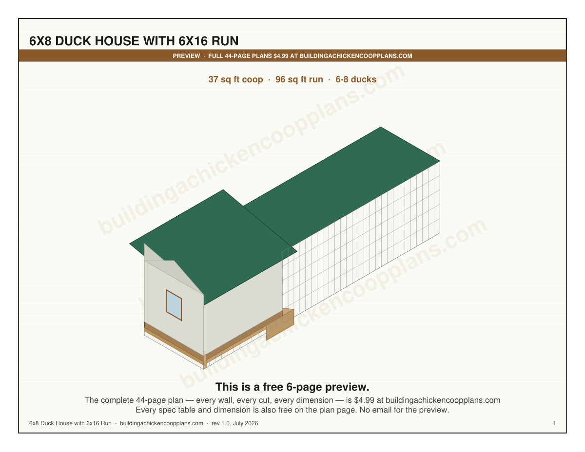 6x8 Duck House with 6x16 Run plans — cover sheet with isometric view