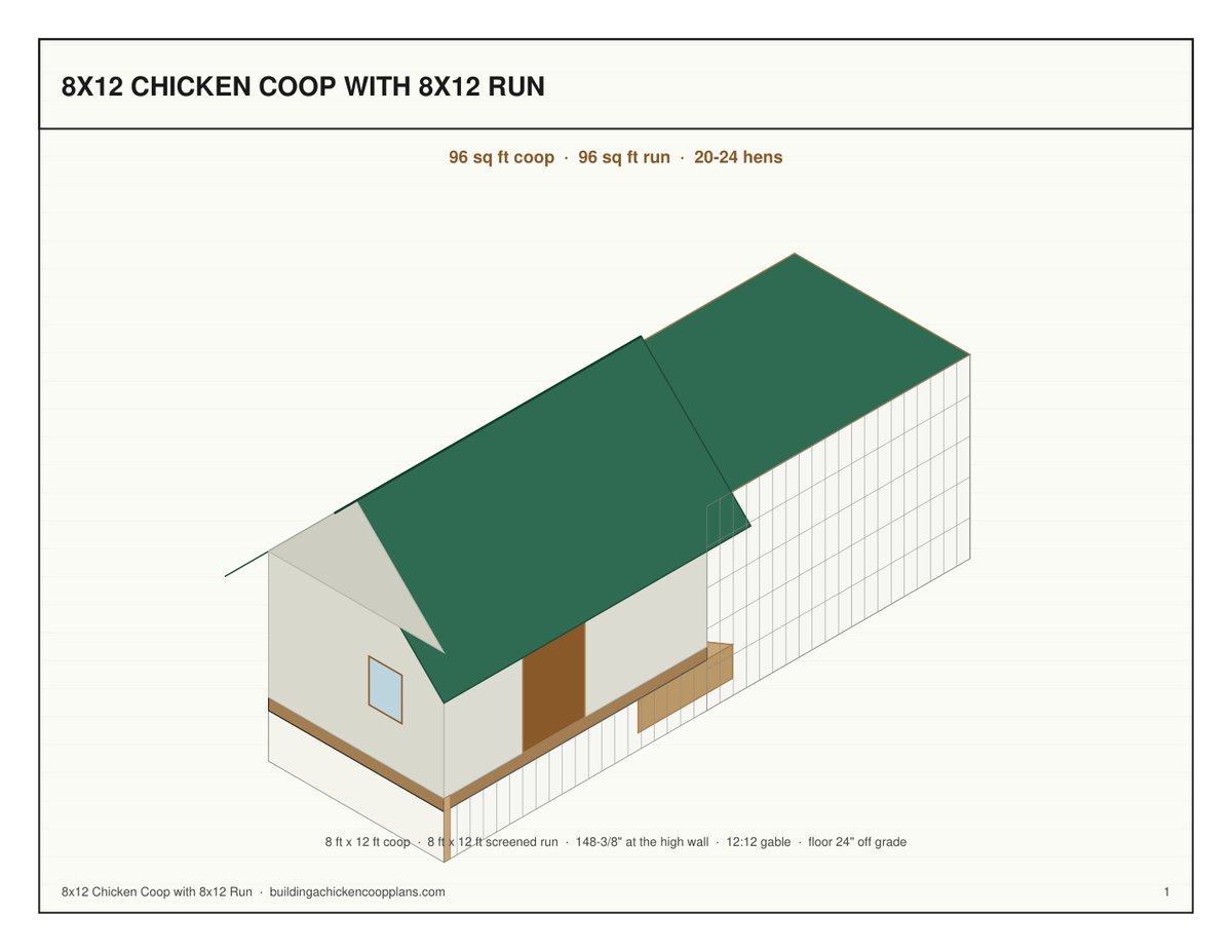 8x12 Chicken Coop with 8x12 Run plans — isometric view