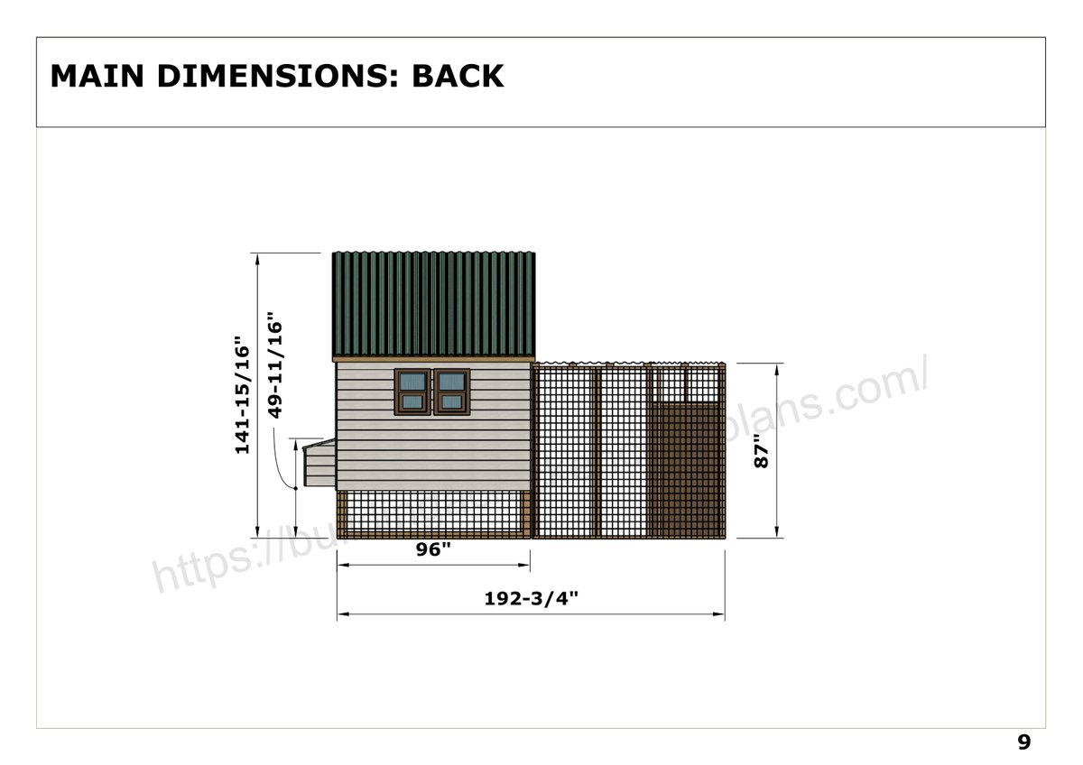 8x8 chicken coop plans rear elevation with dimensions
