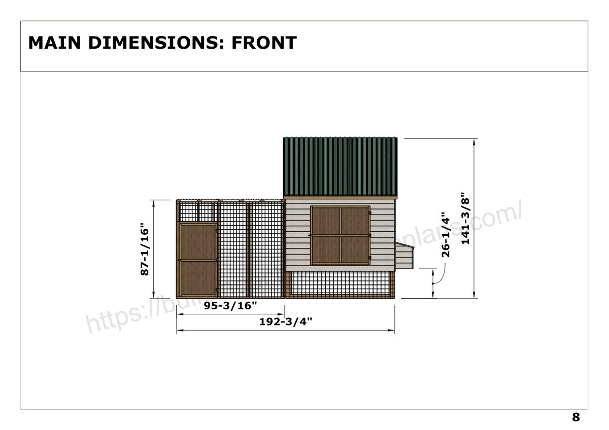 8x8 chicken coop plans front elevation with overall dimensions