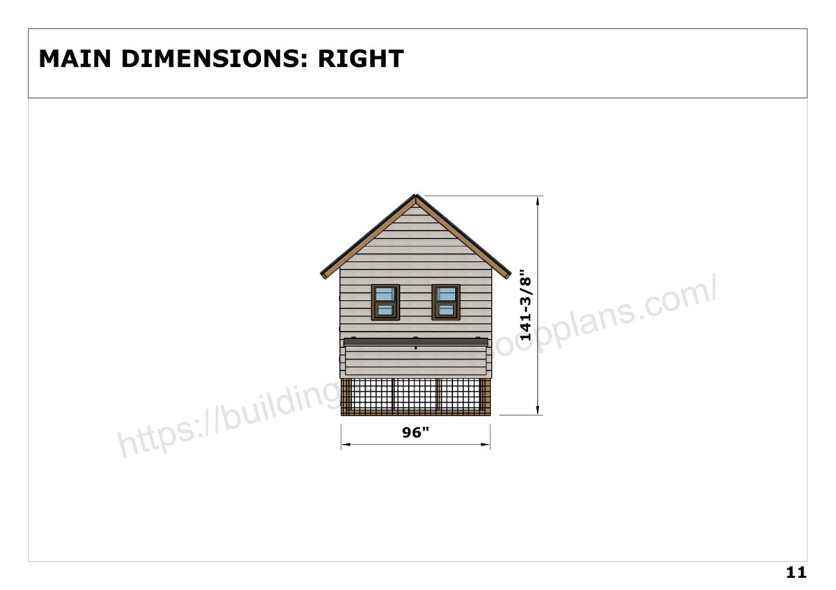 8x8 chicken coop plans right side elevation showing windows and nest box