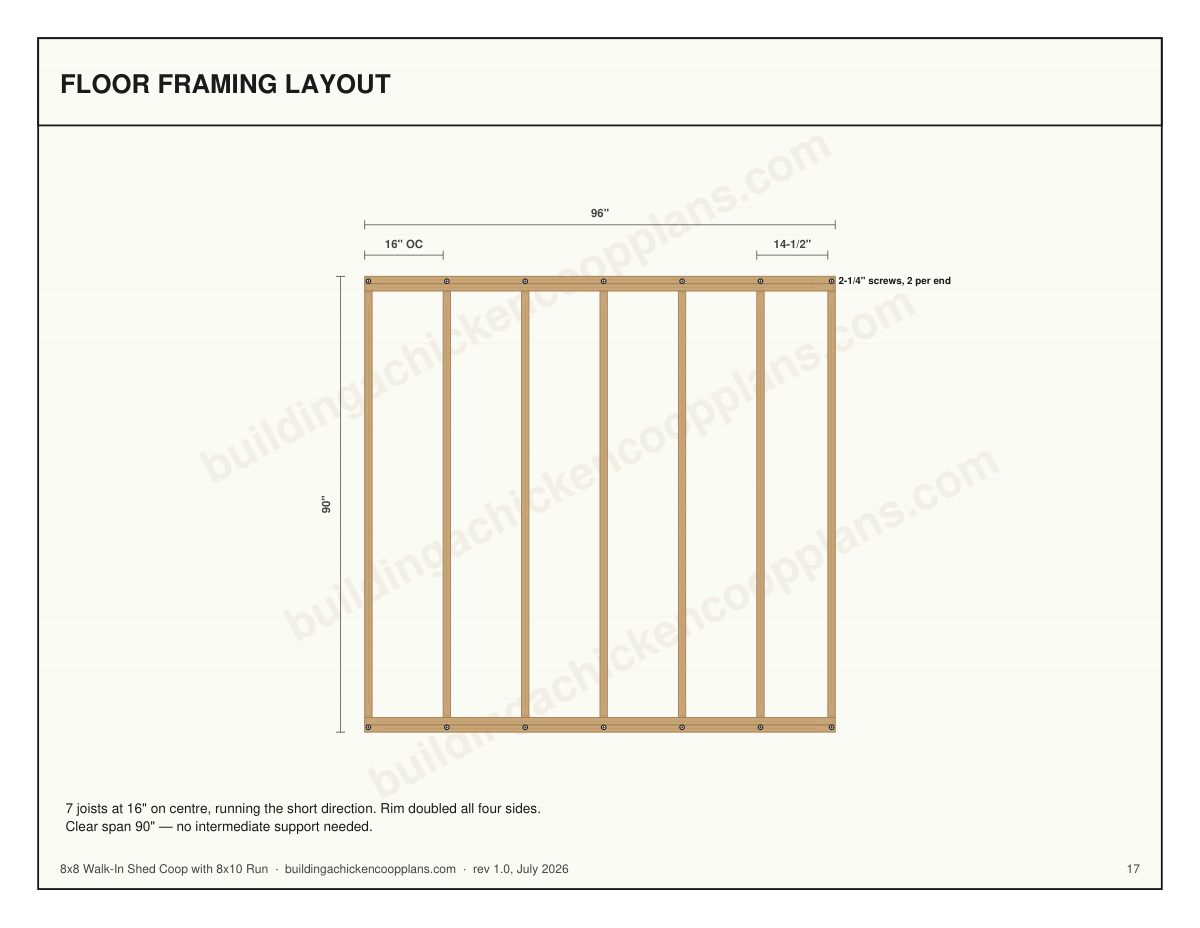 8x8 Walk-In Shed Coop with 8x10 Run floor framing layout