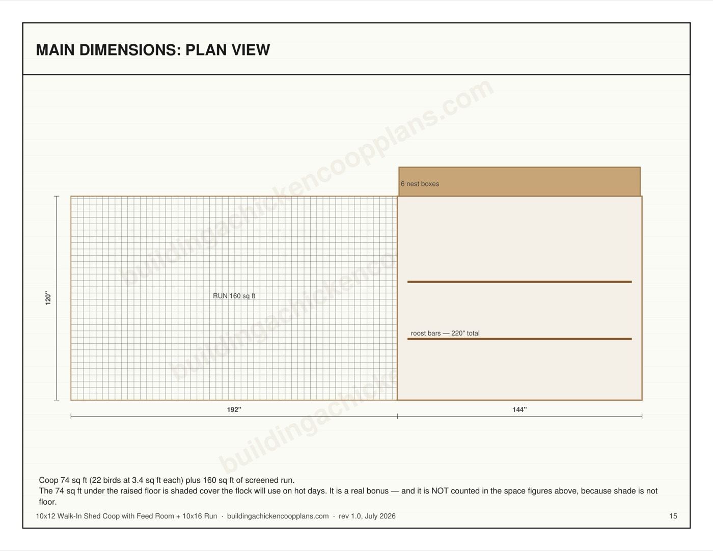 10x12 Walk-In Shed Coop with Feed Room + 10x16 Run plans — dimensioned plan view page
