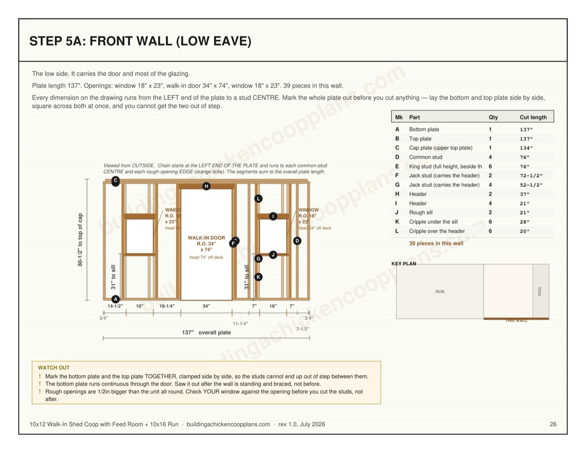 10x12 Walk-In Shed Coop with Feed Room + 10x16 Run plans — wall framing sheet page