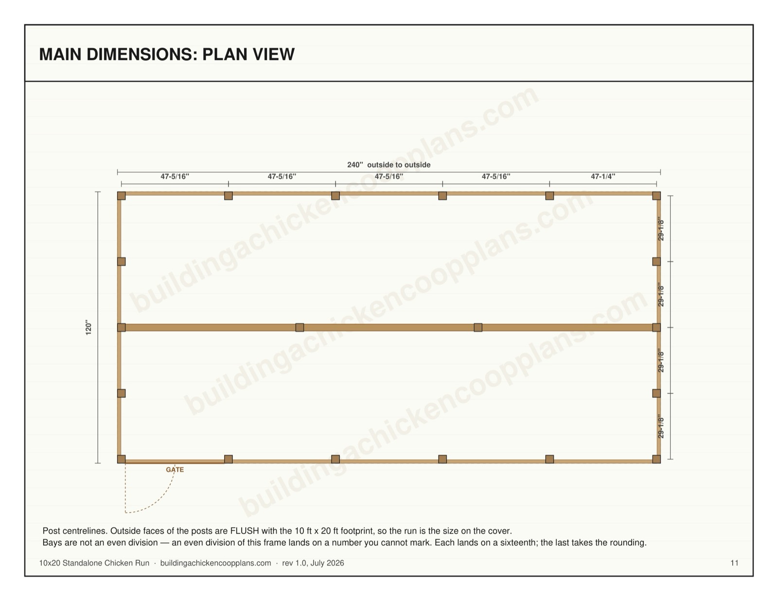 10x20 Standalone Chicken Run plans — dimensioned plan view page