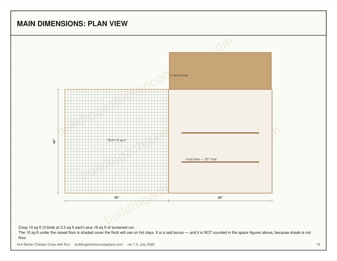 4x4 Starter Chicken Coop with Run plans — dimensioned plan view page