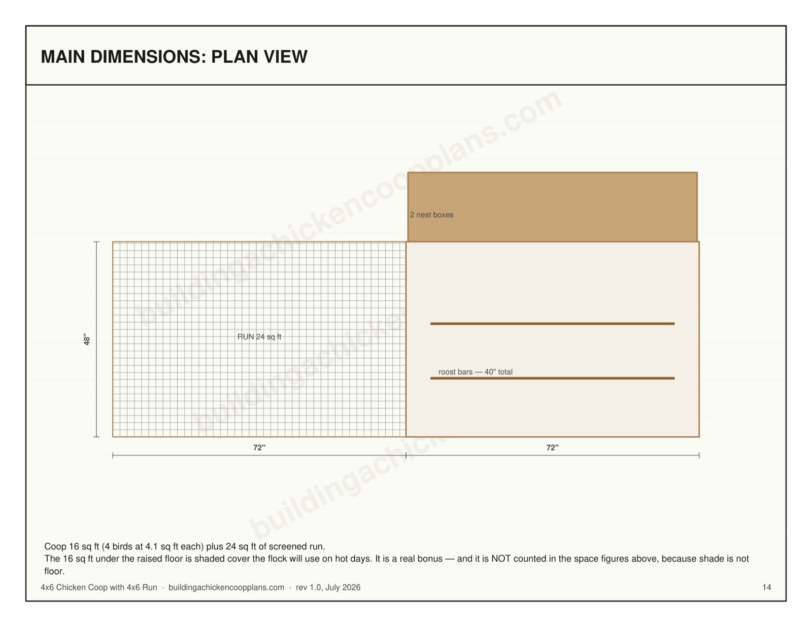 4x6 Chicken Coop with 4x6 Run plans — dimensioned plan view page