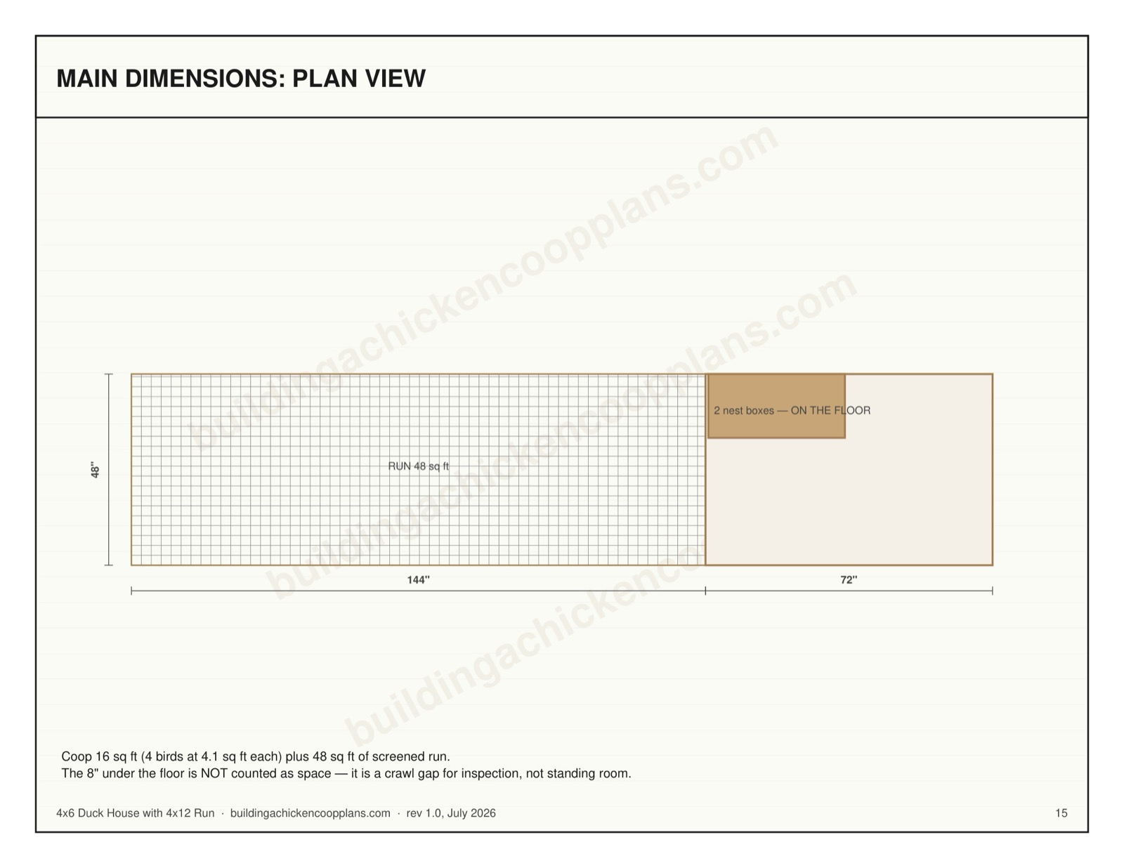 4x6 Duck House with 4x12 Run plans — dimensioned plan view page