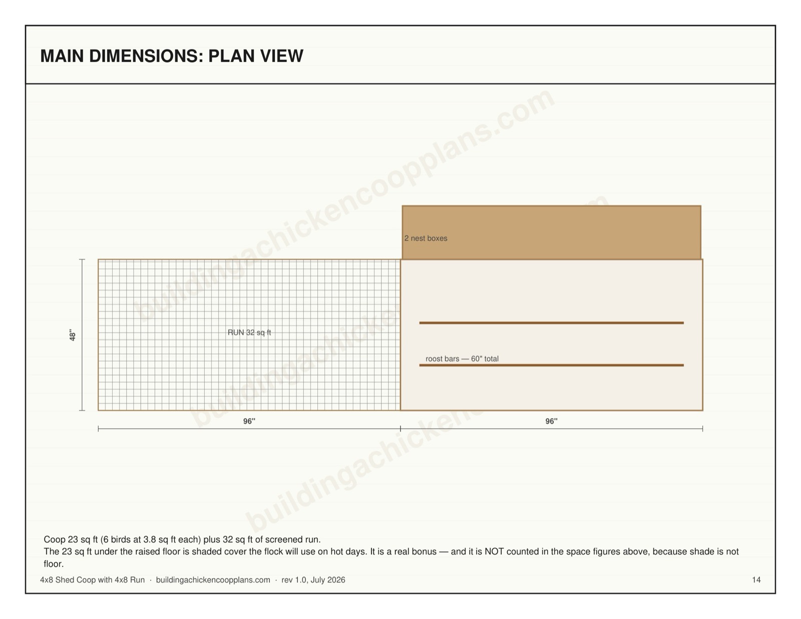4x8 Shed Coop with 4x8 Run plans — dimensioned plan view page