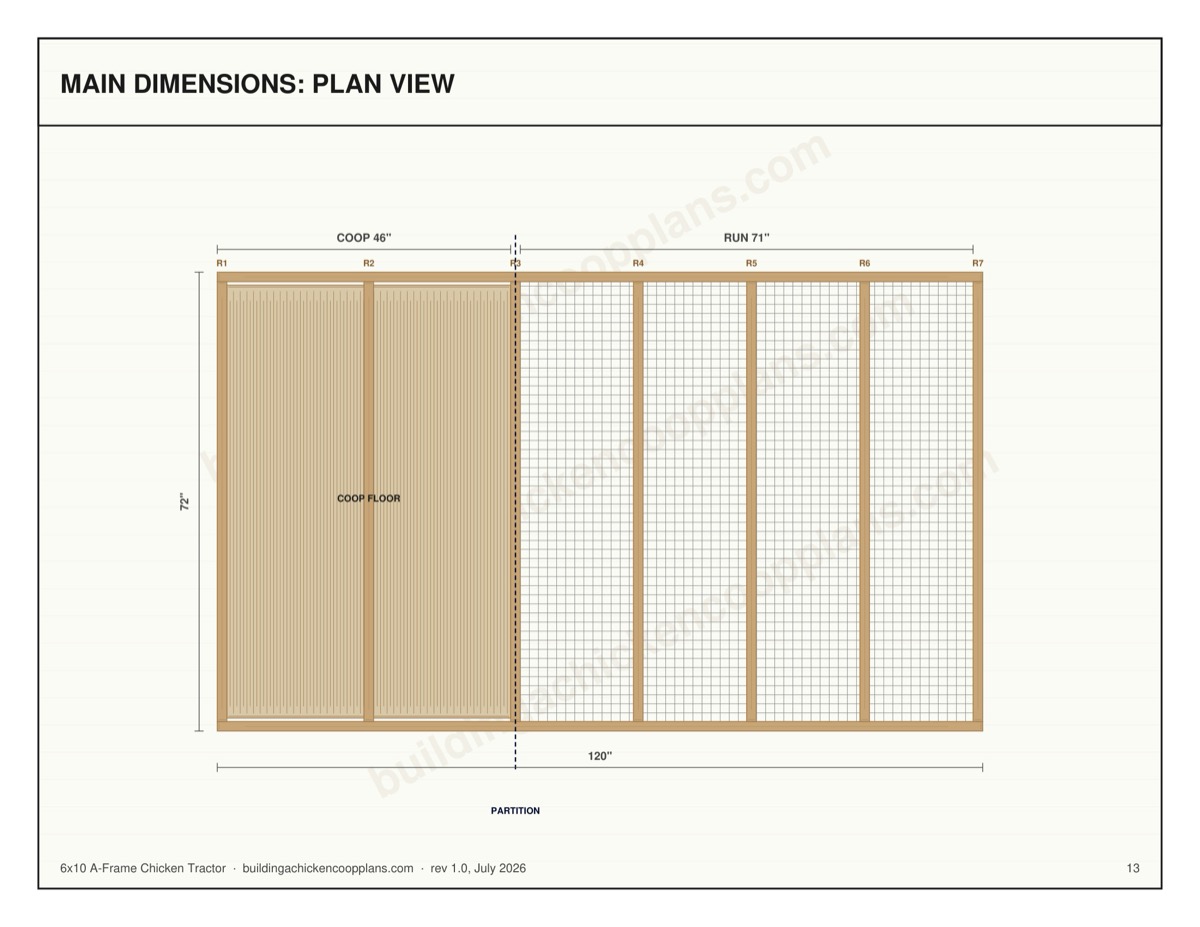 6x10 A-Frame Chicken Tractor plans — dimensioned plan view page