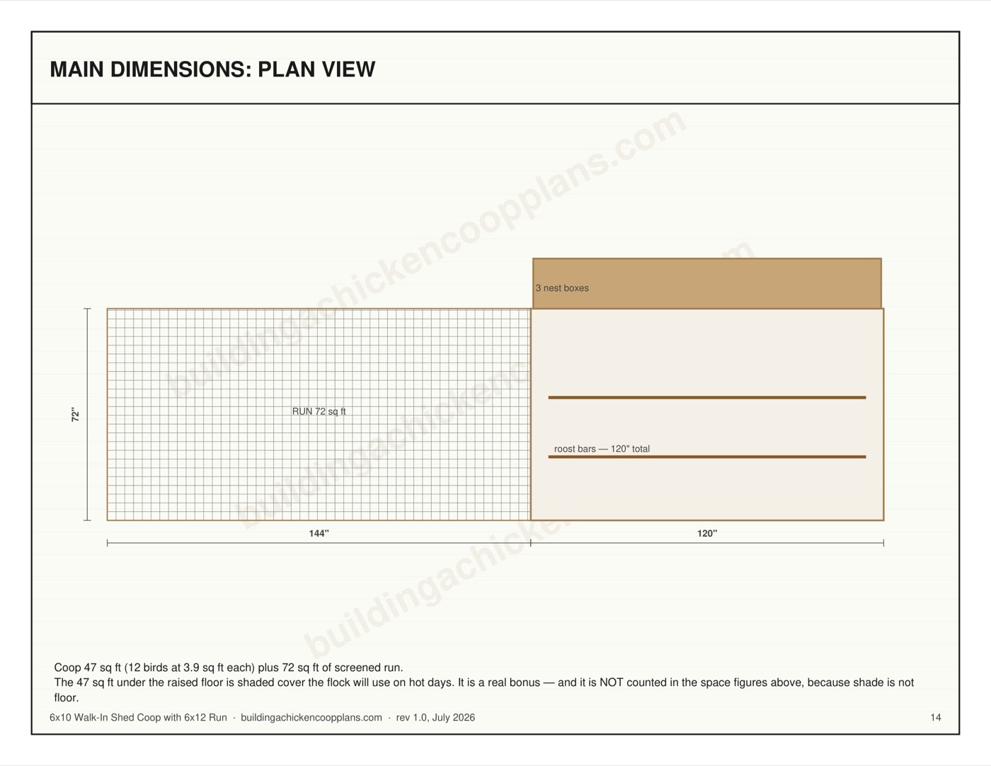 6x10 Walk-In Shed Coop with 6x12 Run plans — dimensioned plan view page