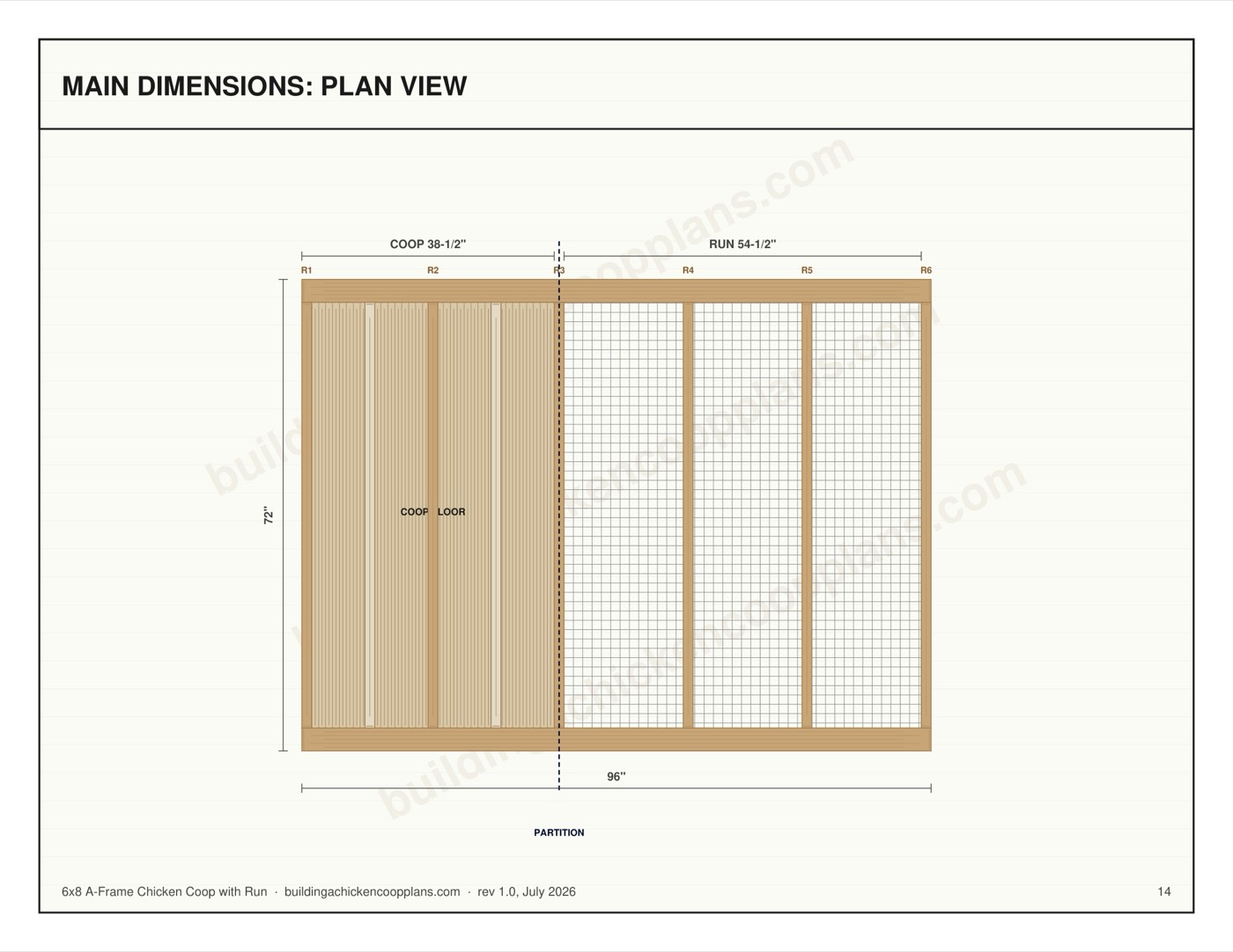 6x8 A-Frame Chicken Coop with Run plans — dimensioned plan view page
