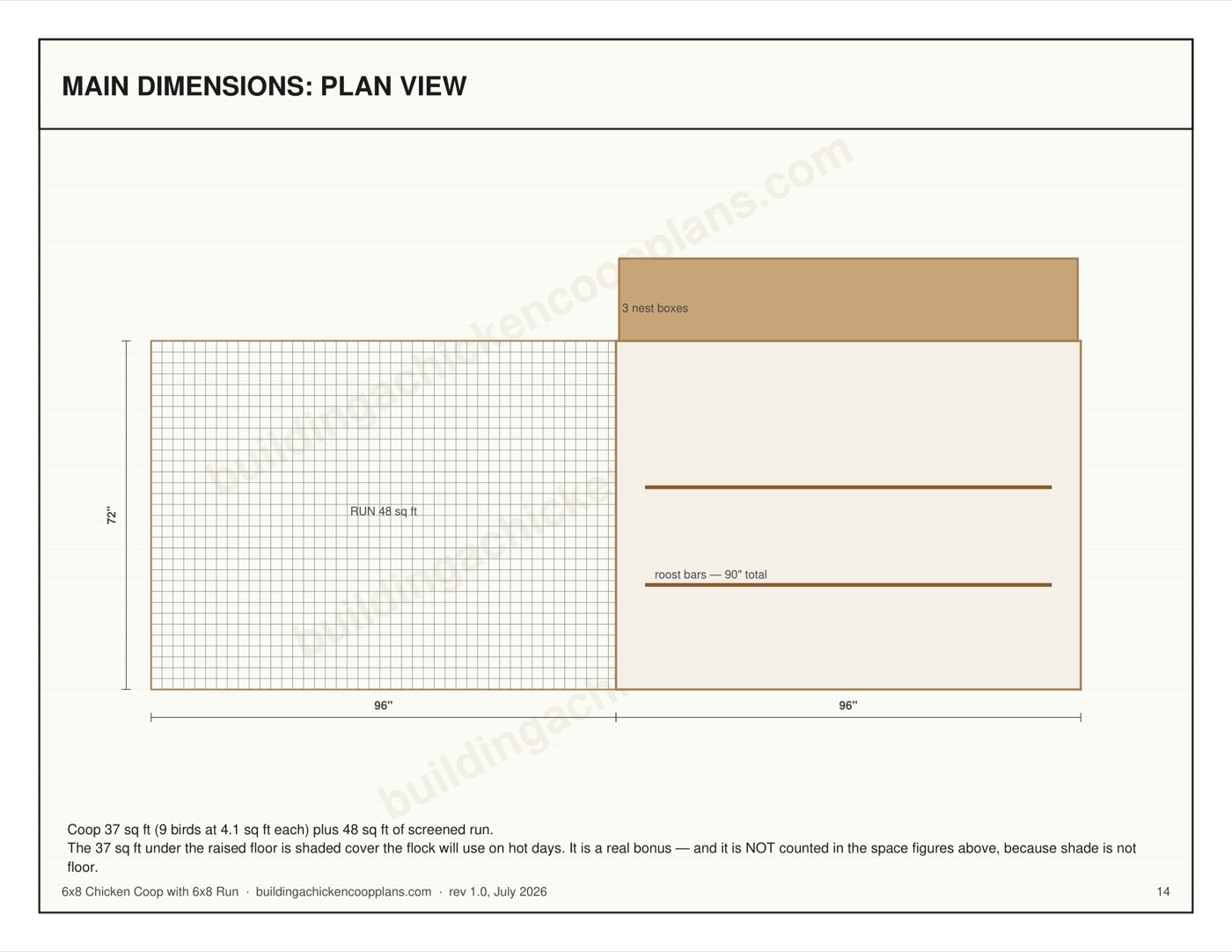 6x8 Chicken Coop with 6x8 Run plans — dimensioned plan view page