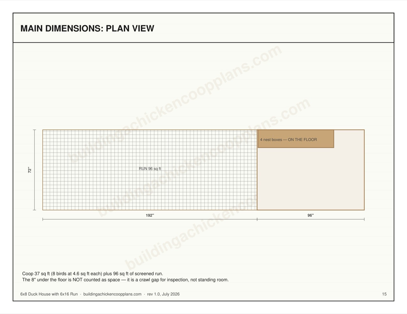 6x8 Duck House with 6x16 Run plans — dimensioned plan view page
