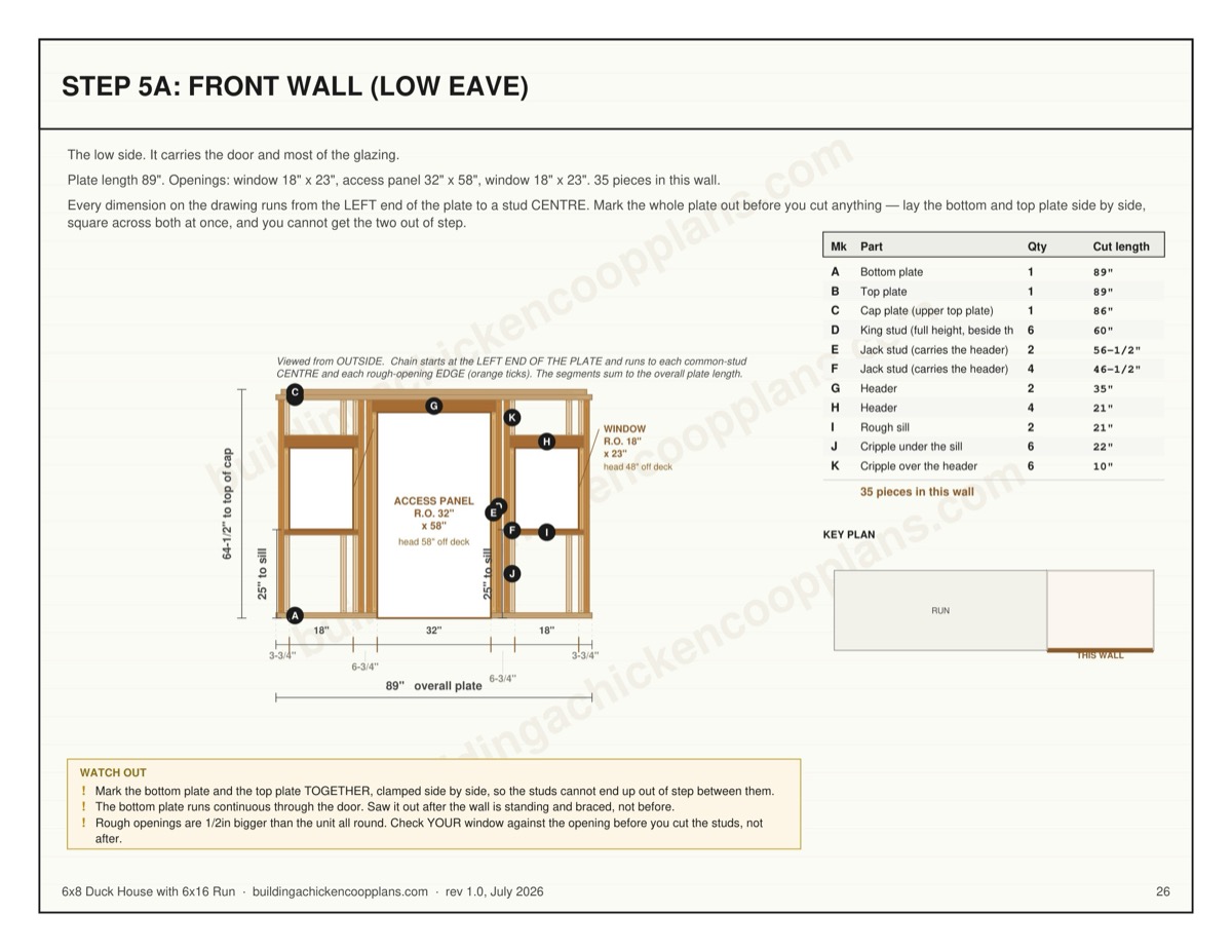6x8 Duck House with 6x16 Run plans — wall framing sheet page
