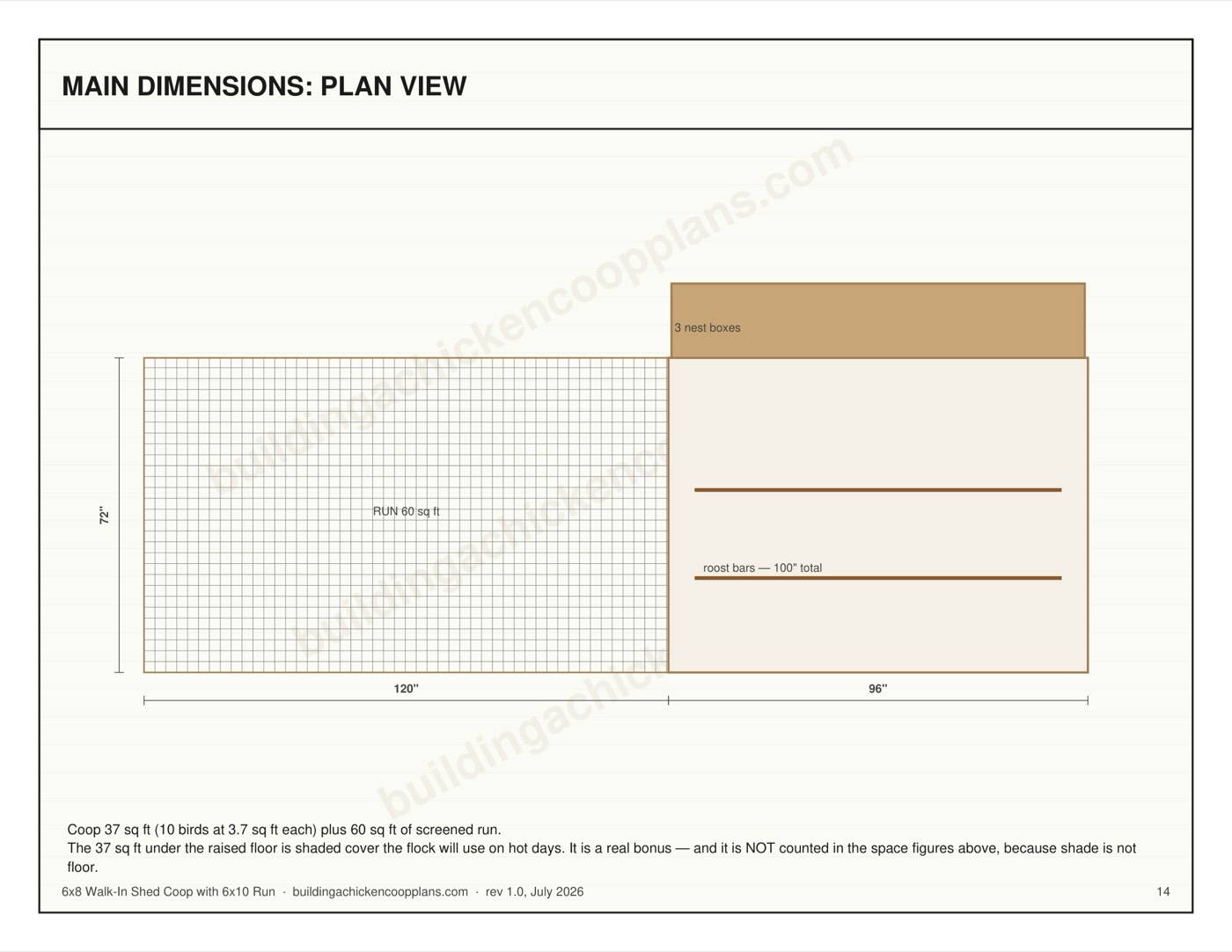 6x8 Walk-In Shed Coop with 6x10 Run plans — dimensioned plan view page