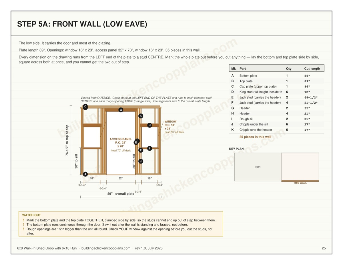 6x8 Walk-In Shed Coop with 6x10 Run plans — wall framing sheet page