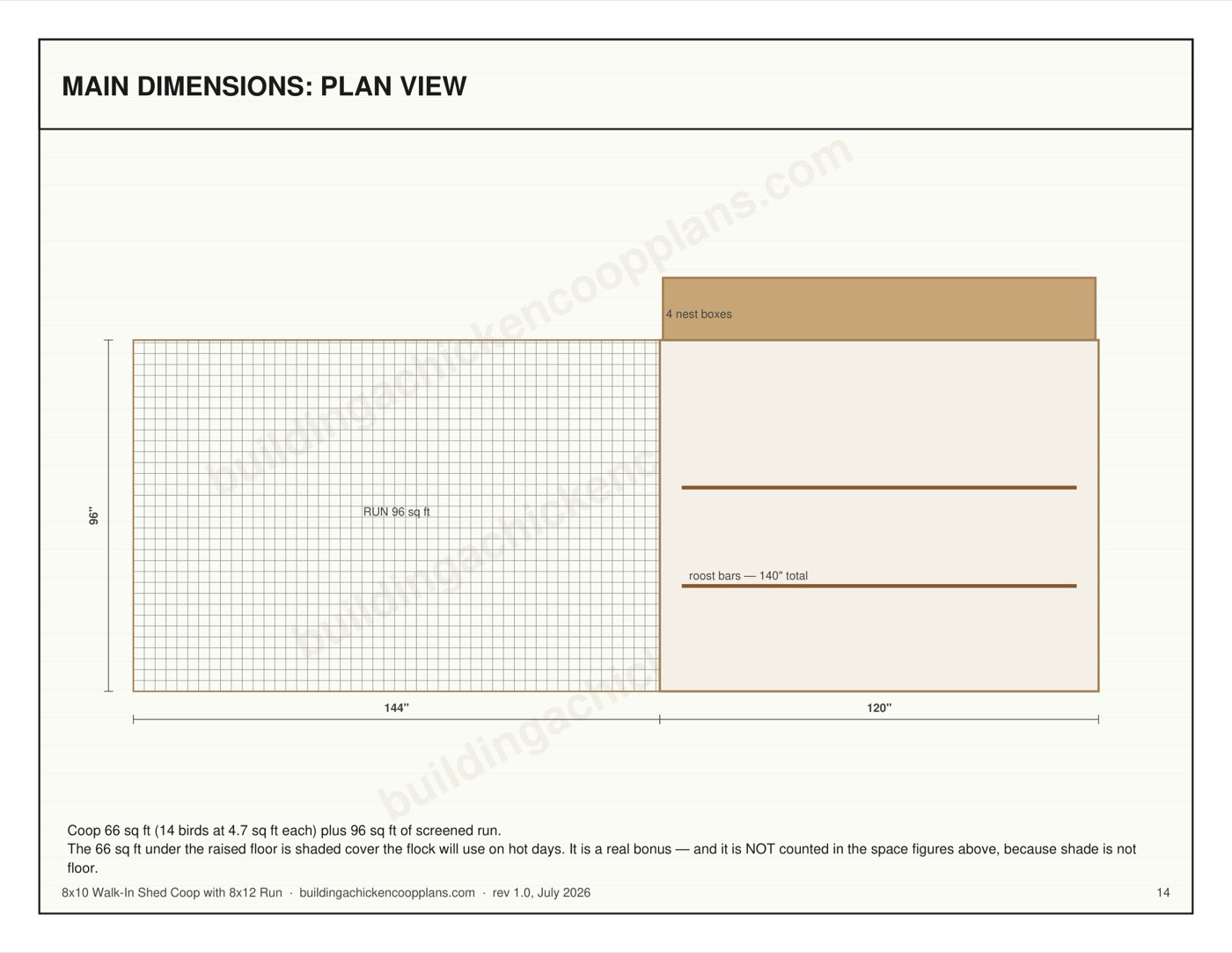 8x10 Walk-In Shed Coop with 8x12 Run plans — dimensioned plan view page
