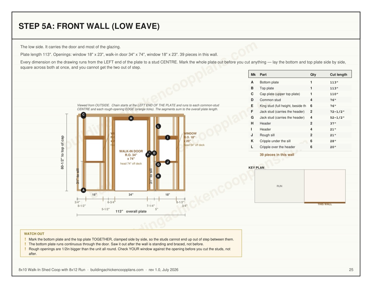 8x10 Walk-In Shed Coop with 8x12 Run plans — wall framing sheet page