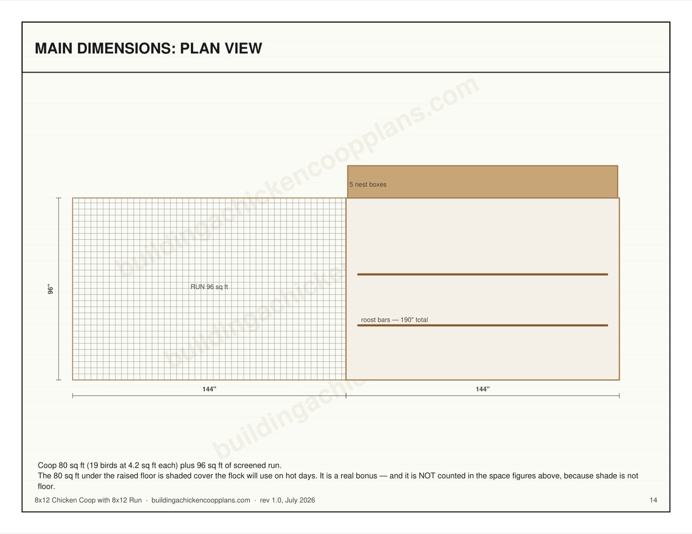 8x12 Chicken Coop with 8x12 Run plans — dimensioned plan view page