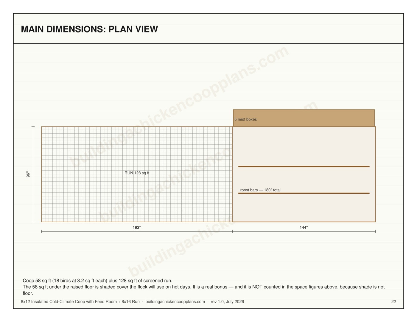 8x12 Insulated Cold-Climate Coop with Feed Room + 8x16 Run plans — dimensioned plan view page
