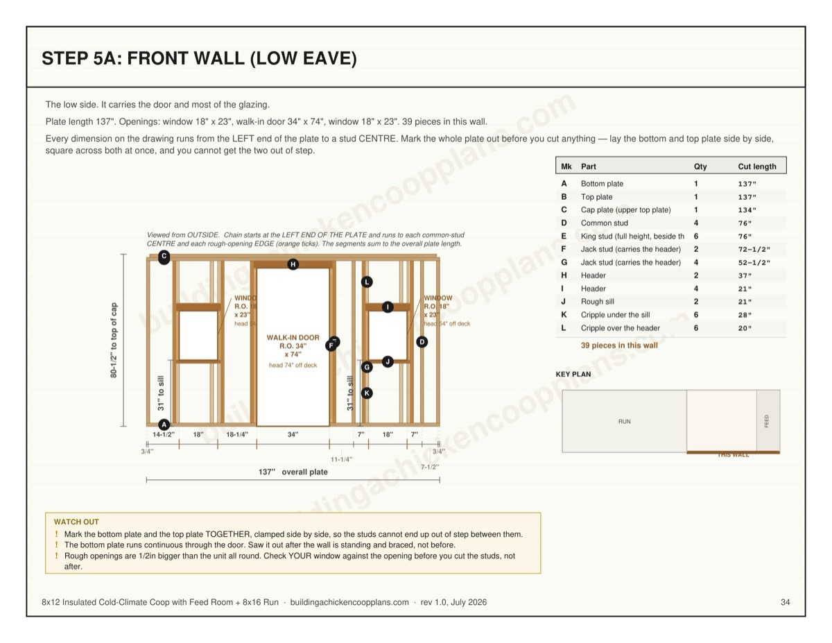 8x12 Insulated Cold-Climate Coop with Feed Room + 8x16 Run plans — wall framing sheet page