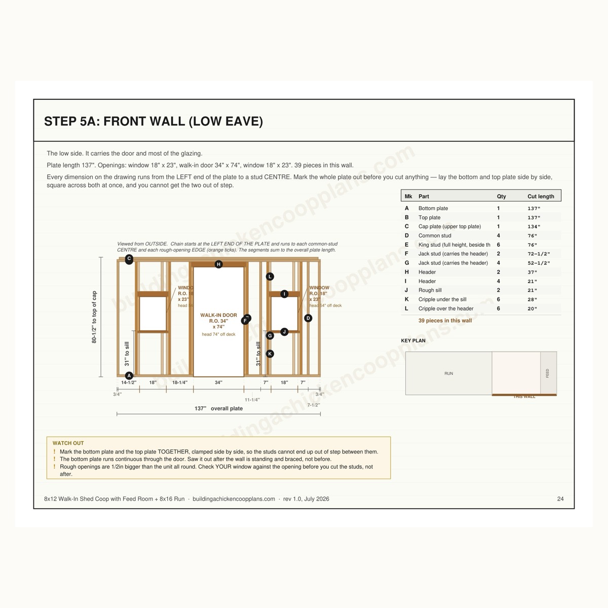 8x12 Walk-In Shed Coop with Feed Room + 8x16 Run plans — per-wall framing sheet page