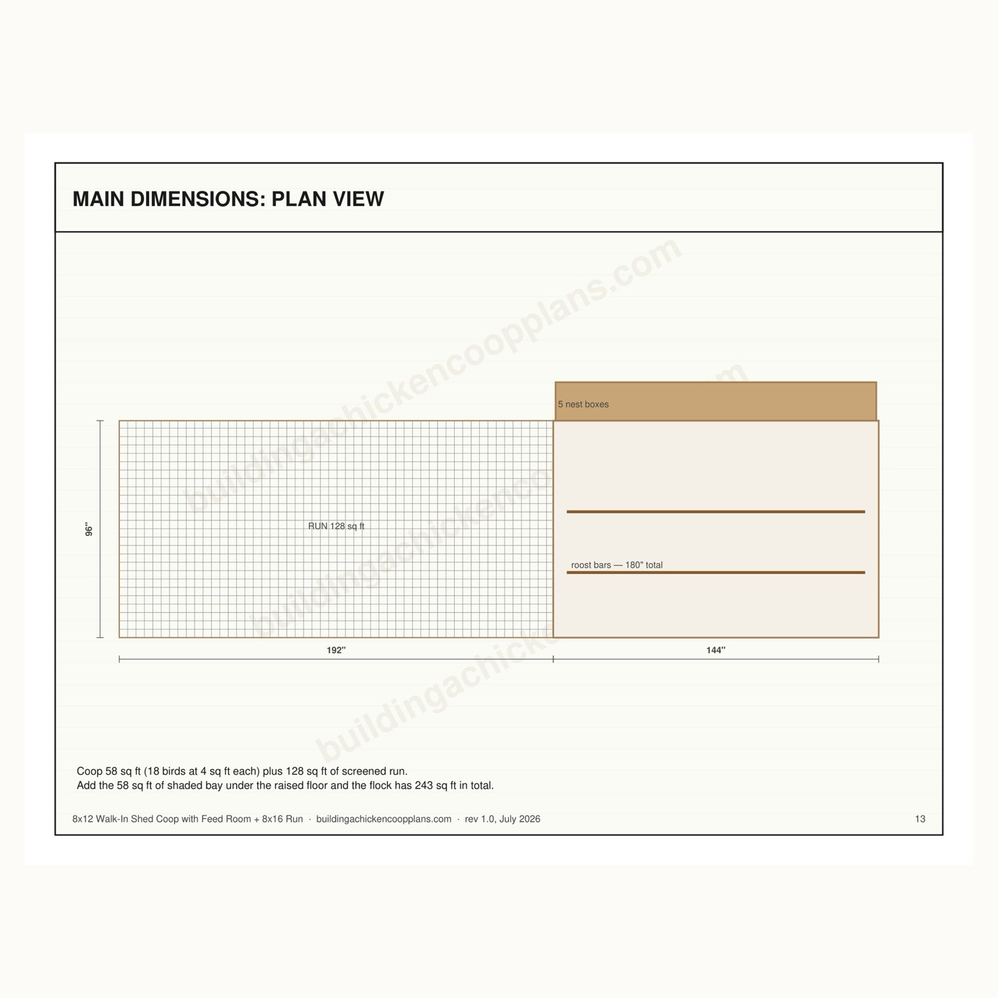 8x12 Walk-In Shed Coop with Feed Room + 8x16 Run plans — dimensioned plan view page