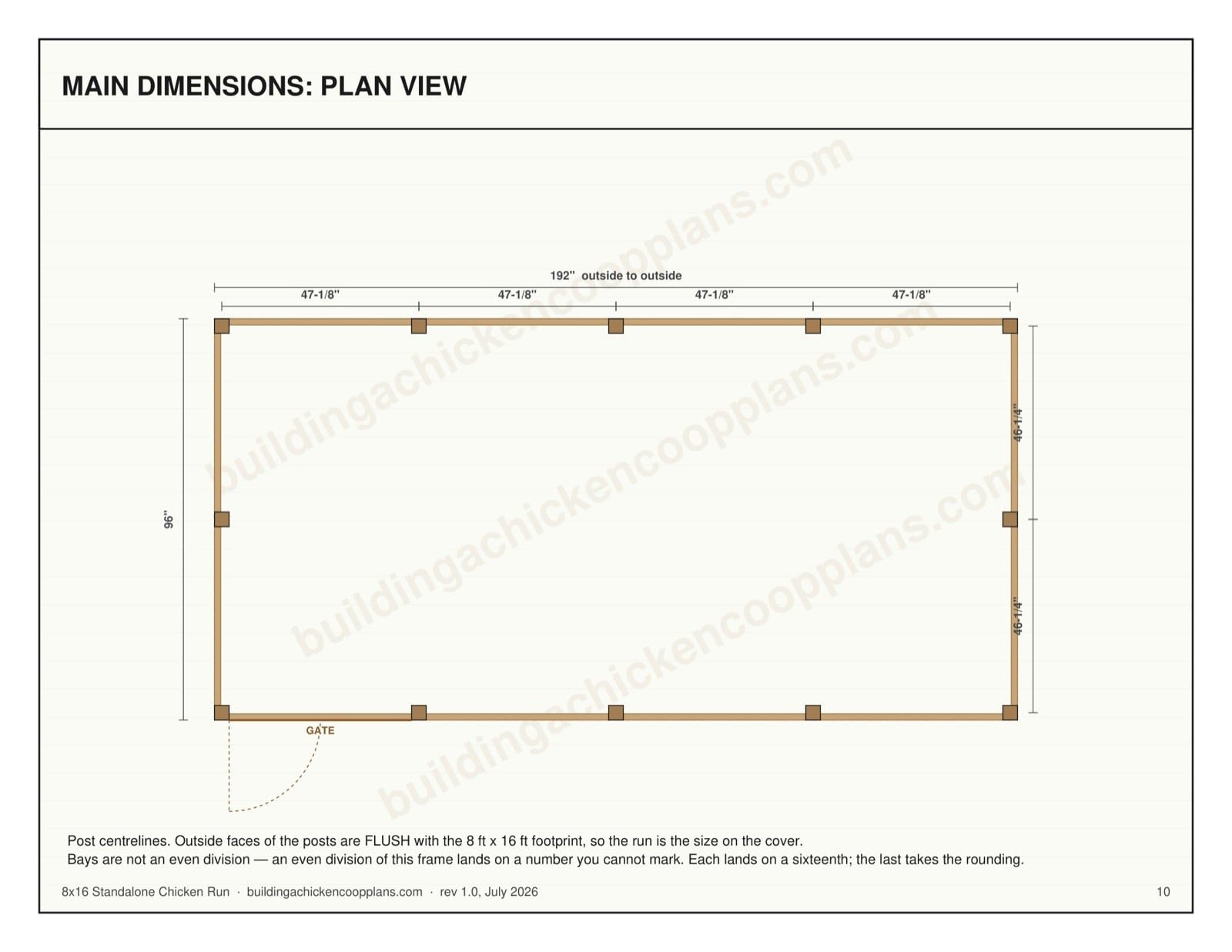 8x16 Standalone Chicken Run plans — dimensioned plan view page