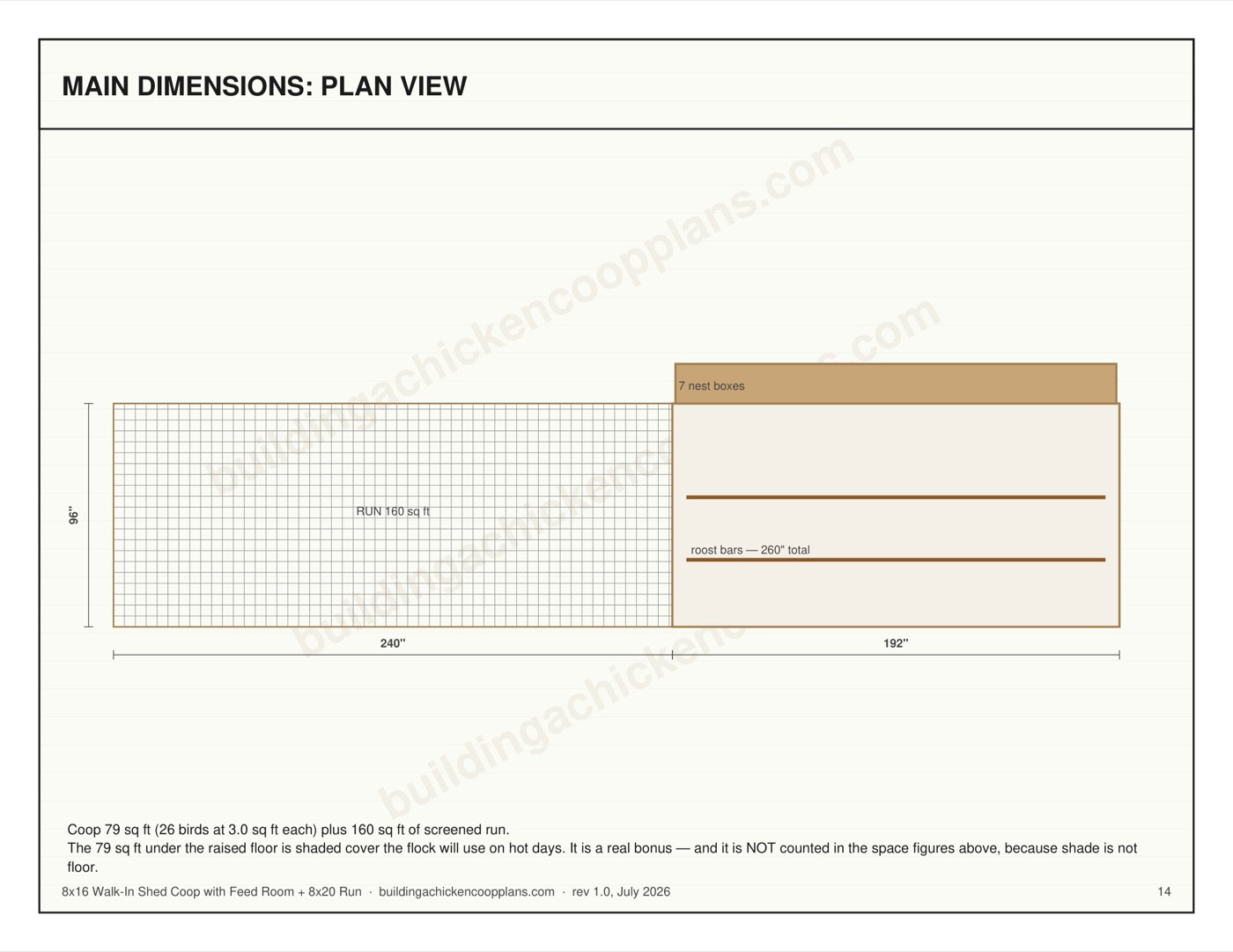 8x16 Walk-In Shed Coop with Feed Room + 8x20 Run plans — dimensioned plan view page