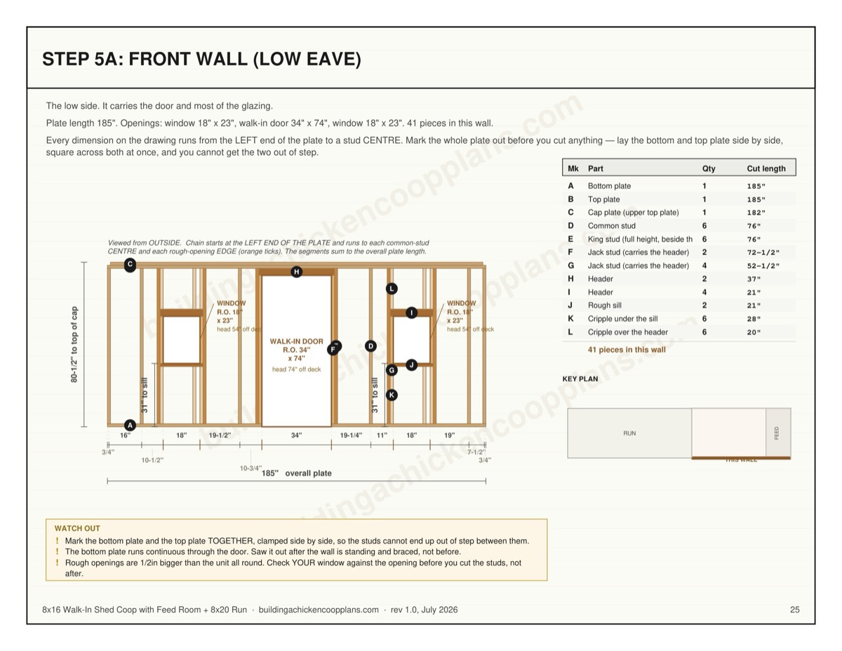 8x16 Walk-In Shed Coop with Feed Room + 8x20 Run plans — wall framing sheet page
