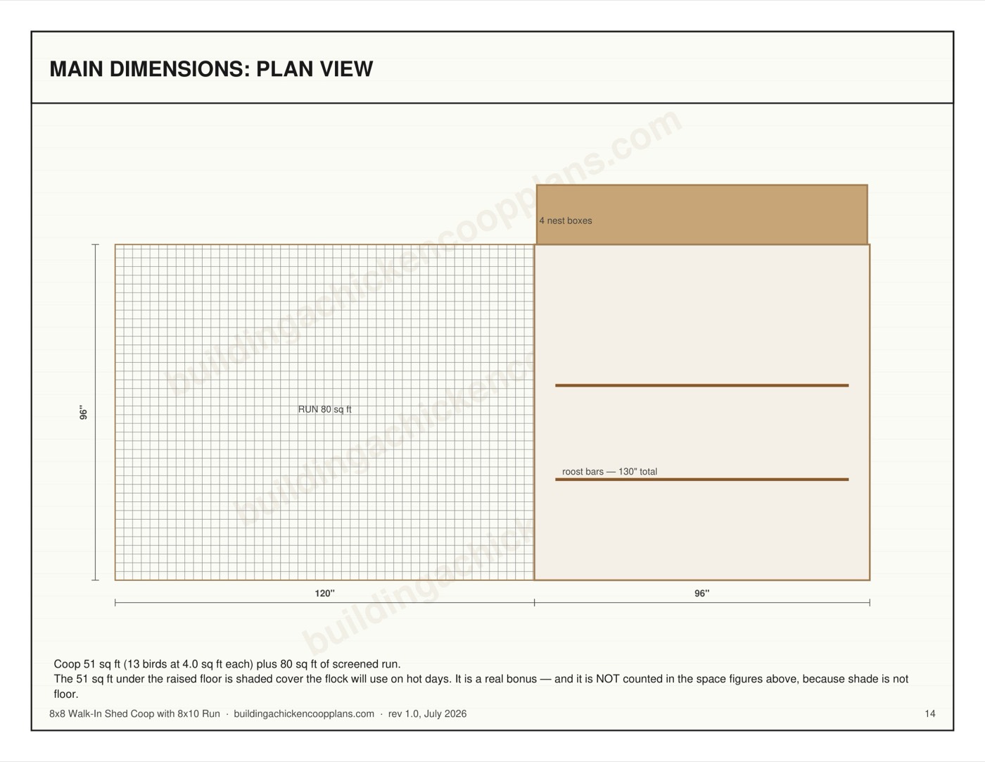 8x8 Walk-In Shed Coop with 8x10 Run plans — dimensioned plan view page