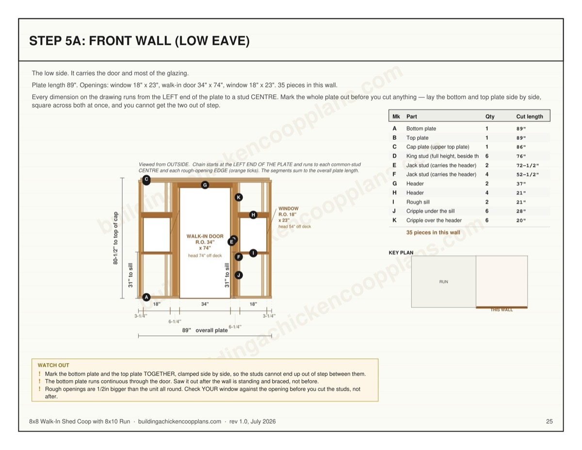 8x8 Walk-In Shed Coop with 8x10 Run plans — wall framing sheet page